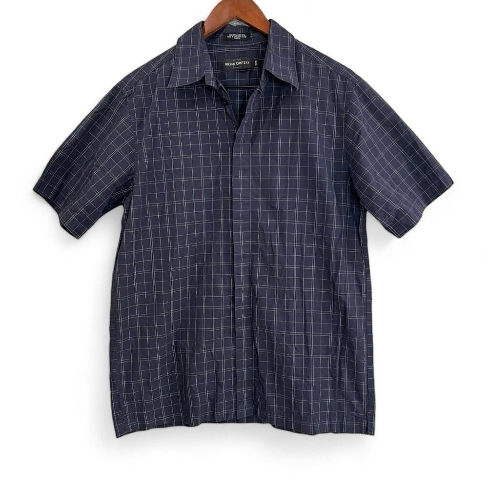 Wayne Gretzky Button Down Shirt Men Size M Navy Blue Window Pane Short Sleeve